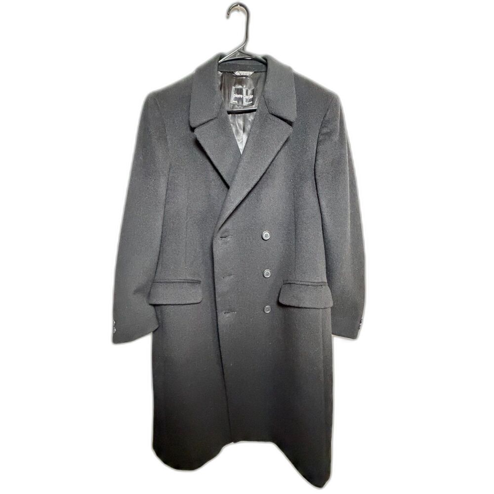 Vintage Pierre Cardin Black Wool Blend Overcoat Double Breasted Classic Coat M/L